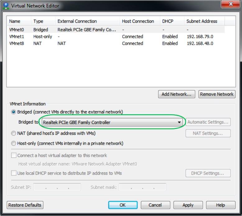 Select bridged network card